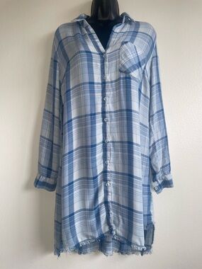 Cloth & Stone Anthropologie Plaid Shirt Dress -M Blue white Button Front Tunic